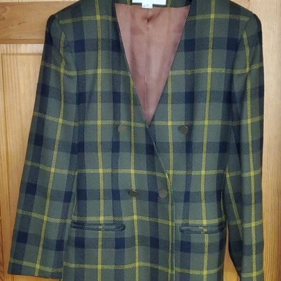 Jones New York 100% Wool Sz. 10‎ Army Green & Gold Buttoned Lined Blazer - Picture 2 of 12